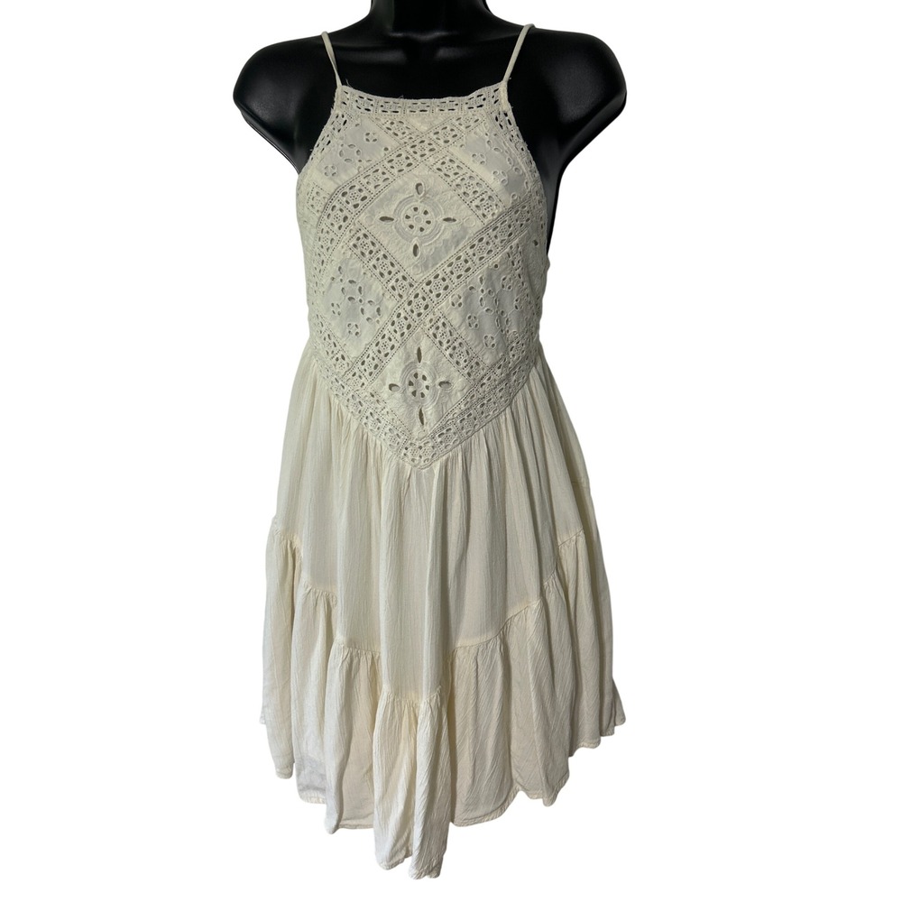 American Eagle Ivory Eyelet Lace Halter Boho Mini Dress XXS‎ Cream Tiered